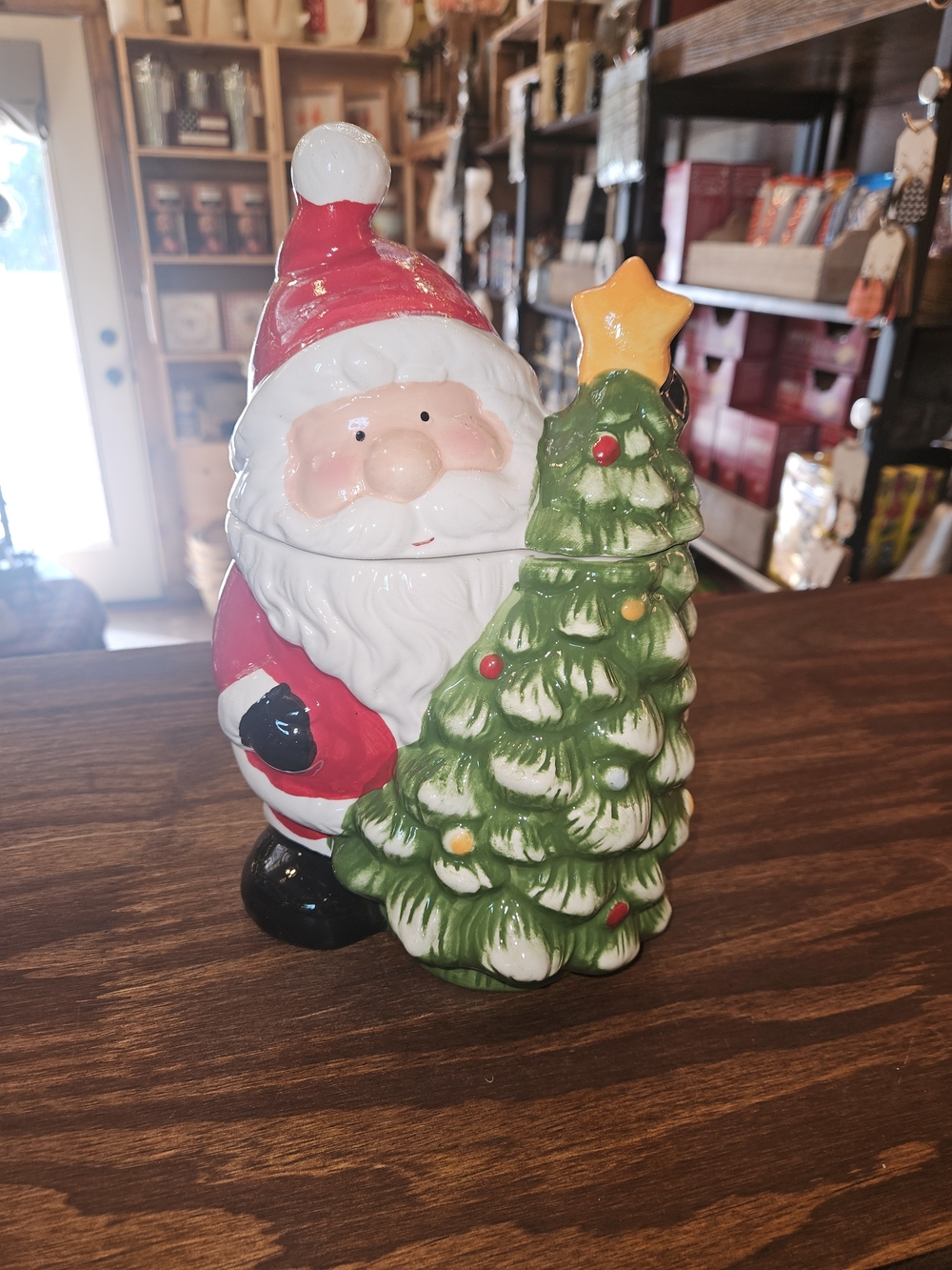 Festive Santa with Christmas Tree Ceramic Figurine - Red & Green